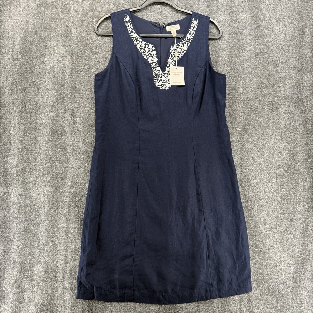 Charter Club Dress Womens 12p Blue 100% Linen V-Neck Sheath Sleeveless Preppy